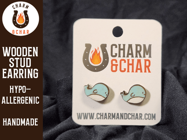 Whale Wood Stud Earrings - Animal Fashion Earring - Stud Earring - Charm and Char